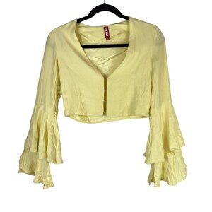 Staud V Neck Hook & Eye Ruffle Bell Sleeve Crop Top Yellow Size XS